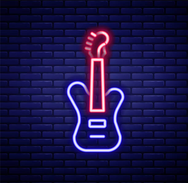 istock Glowing neon line Electric bass guitar icon isolated on brick wall background. Colorful outline concept. Vector 1368951901