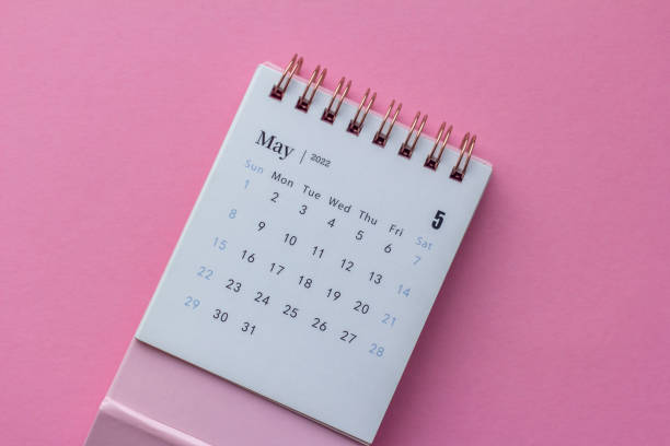 istock Desktop calendar for May 2022 on a pink background. 1368951909