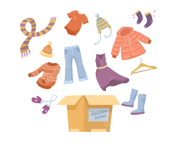 ilustraciones, imágenes clip art, dibujos animados e iconos de stock de ropa de invierno para donación conjunto de ilustraciones de dibujos animados - vestimenta