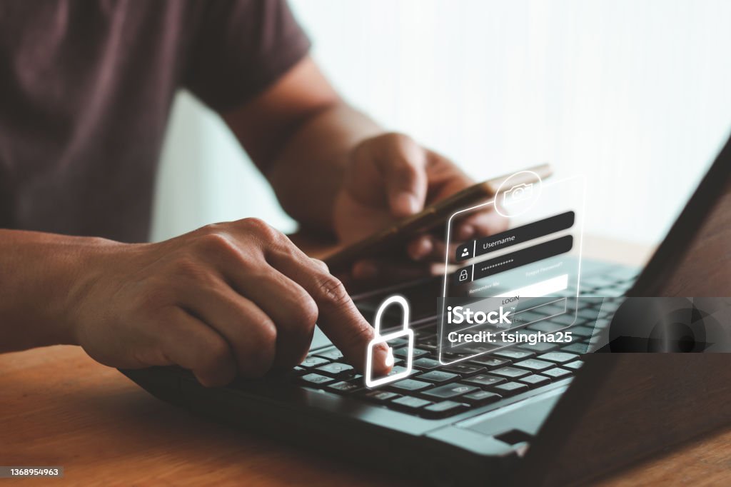 cyber security in two-step verification, Login, User, identification information security and encryption, Account Access app to sign in securely or receive verification codes by email or text message. Digital Authentication Stock Photo