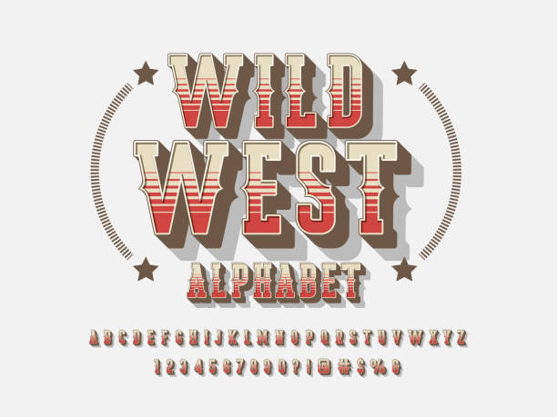 vintage font Vintage wild west western alphabet design with uppercase, lowercase, numbers and symbols vintage cowboy stock illustrations