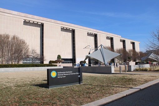 Washington, DC, USA-February 1, 2022: Entrance of the National Museum of American History, a Smithsonian museum, on the National Mall