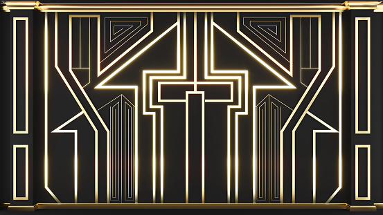 Wall panel decorative in art deco style,art deco pattern gold on black wall,3d rendering