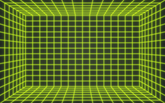 Neon mockup depth grid box 3d virtual reality copy space background.