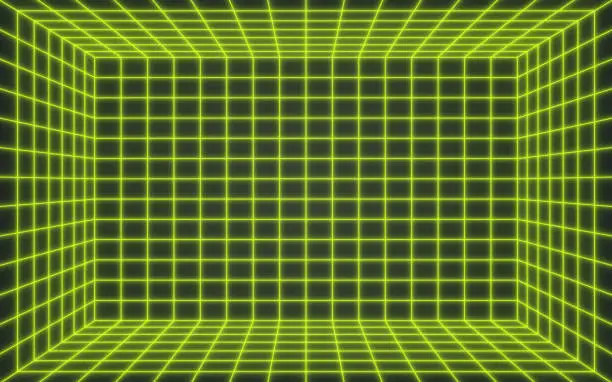 Vector illustration of Neon Depth Grid Box 3D Virtual Reality Space Background