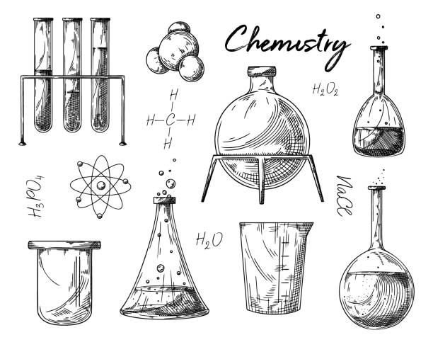 다른 제약 플라스크, 비커 및 테스트 튜브 세트. 화학 실험실 개체의 스케치. 발견 및 화학 기호. - beaker flask laboratory glassware research stock illustrations