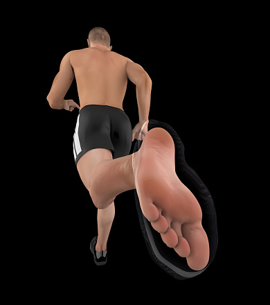3D illustration of a man running. Angle emphasizing the back foot. Isolated on black background. Great to be used for works of health and lifestyle.