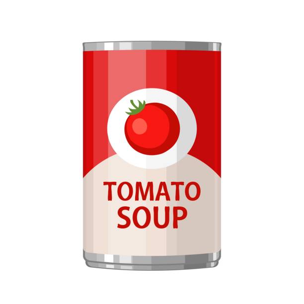 illustrazioni stock, clip art, cartoni animati e icone di tendenza di lattina di zuppa di pomodoro condensata. illustrazione vettoriale a colori piatti. - soup