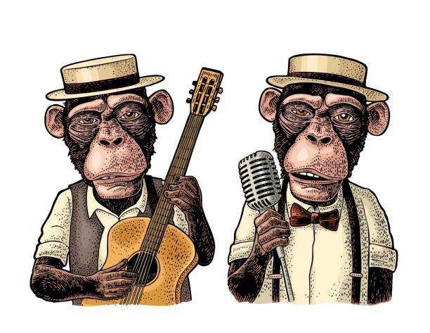 ilustrações de stock, clip art, desenhos animados e ícones de monkey dressed hat, shirt, bow tie holding microphone and guitar. engraving - play the ape