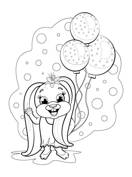 Vector illustration of Coloring page. Cheerful and cute bunny holding 3 balloons