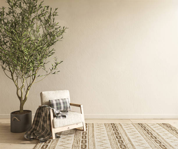 Boho scandinavian interior design living room. Mock up beige empty wall with armchair and olive tree. 3d render illustration.