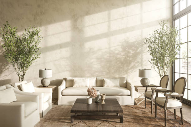 Modern Hampton style interior design in livingroom. Lighting and sunny house with large classic windows. Mock up wall. 3d render illustration.