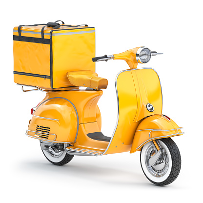 Yellow motor bike with delivery bag isolated on white. Scooter express delivery service. 3d illustration