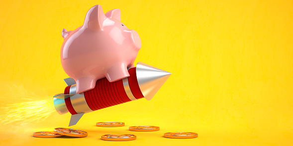 Piggy bank on a flying rocket on yellow. Financial, investing, savings and wealth management solution concept. 3d illustration
