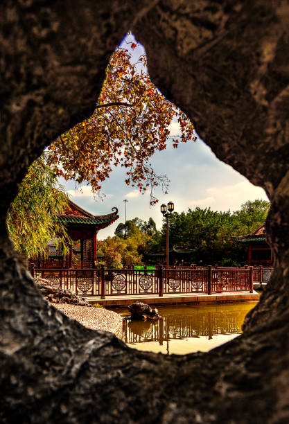 The Lingnan Garden outside the cave. The autumn garden is Part of Lai Chi Kok Park, south of Mei Foo Sun Chuen, Mei Foo, Kowloon, Hong Kong, in the third phase of the park. It was officially opened to the public on November 11, 2000, covering an area of 12,500 square meters.