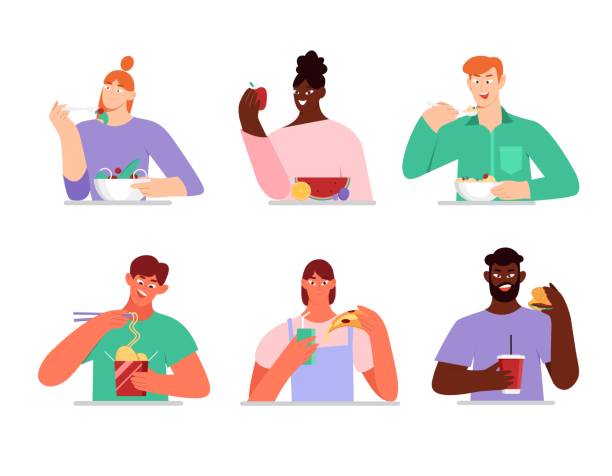 ilustraciones, imágenes clip art, dibujos animados e iconos de stock de personas que comen comidas diferentes, comida sana y rápida. ilustración vectorial en estilo plano. - eating