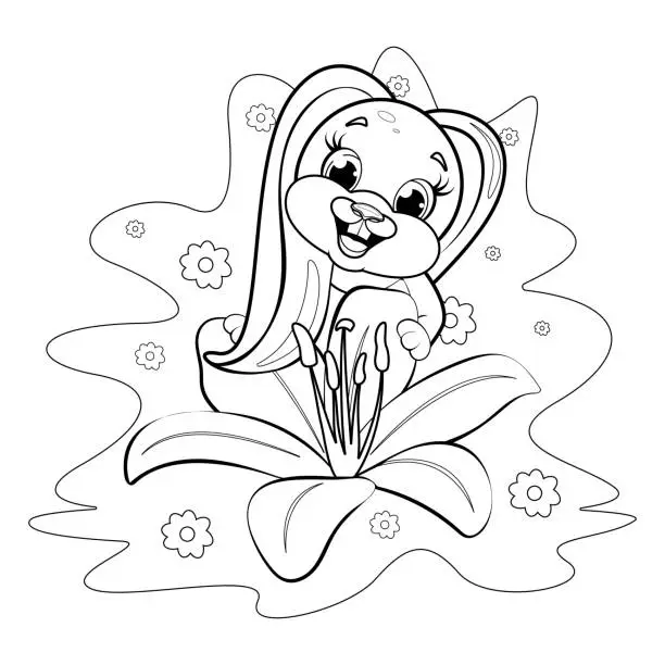 Vector illustration of Coloring page. Gentle and cute bunny hold the big flower