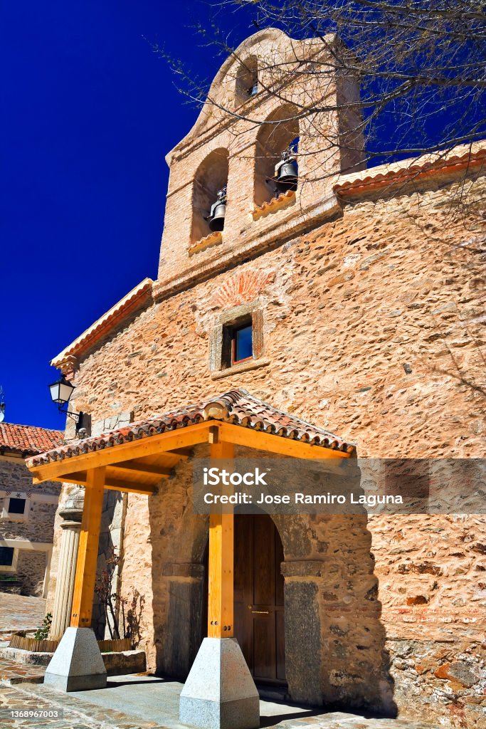 Church in La Hiruela. Madrid. Church of Our Lady of the Rosary of Fatima in La Hiruela on a spring day. Madrid. Architecture Stock Photo
