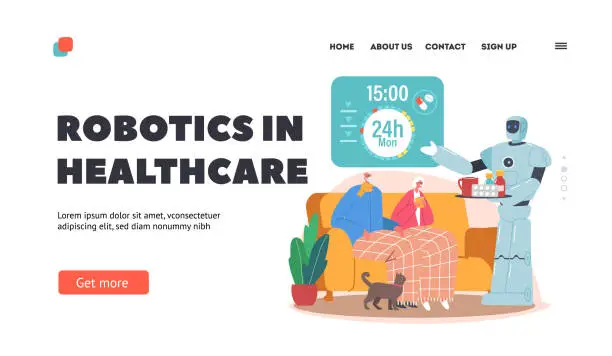Vector illustration of Robot Assistant Care for Elderly People Landing Page Template. Cyborg Remind to Old People Take Medicine in Time