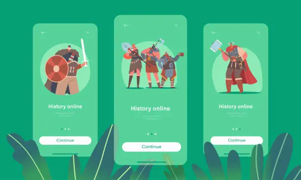 Vector illustration of History Online Mobile App Page Onboard Screen Template. Vikings Characters Wear Skins and Holding Armor Swords