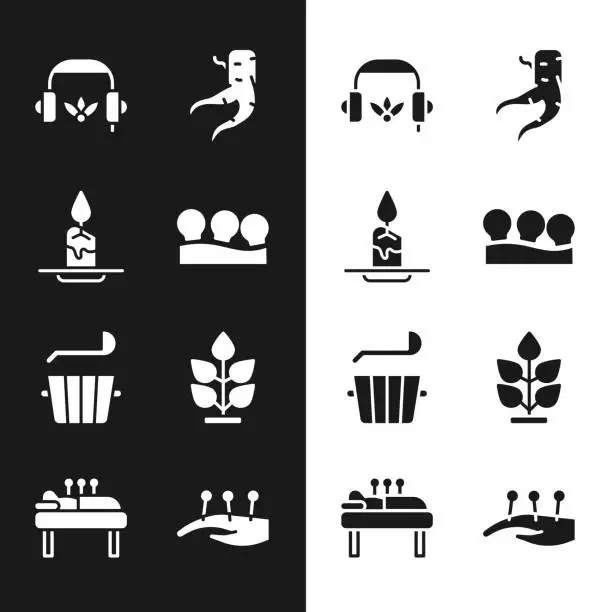 Vector illustration of Set Vacuum cans, Aroma candle, Headphones for meditation, Ginger root, Sauna bucket ladle, Plant, Acupuncture therapy and icon. Vector