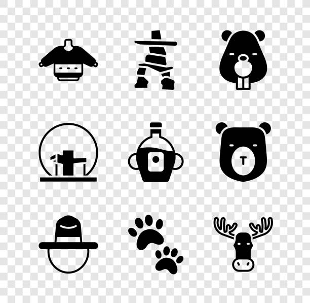 ilustraciones, imágenes clip art, dibujos animados e iconos de stock de suéter navideño, inukshuk, animal castor, sombrero de guardabosques canadiense, estampado de patas, cabeza de alce con cuernos, biosfera de montreal e icono de jarabe de arce. vector - beaver animal track paw paw print