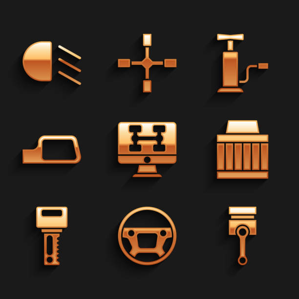 istock Set Diagnostics condition of car, Steering wheel, Engine piston, Car air filter, key with remote, mirror, pump and High beam icon. Vector 1368970302