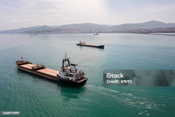 Aerial View Of Cargo Ship In Transit Stock Photo - Download Image Now - Black Sea, Cereal Plant, Ship