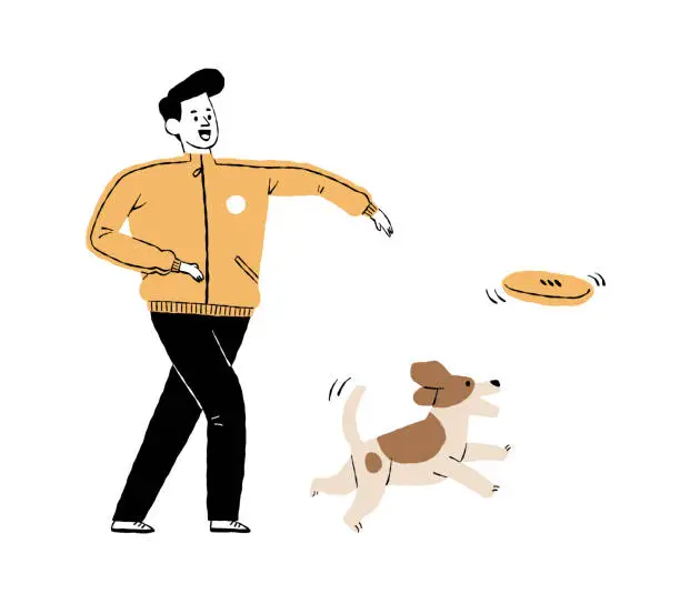 Vector illustration of one man playing plastic disc with his dog