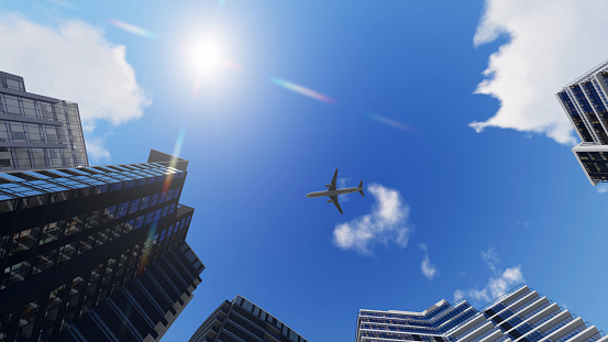 Airplane flying above office buildings, 3D Illustration