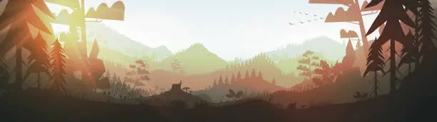 Vector illustration of Forest and mountains at sunset background