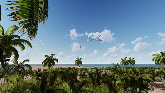 Helicopters above the sea behind tropical palm trees, 3D illustration