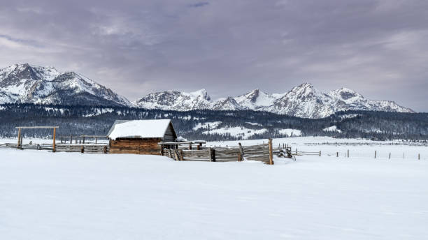 Farm coral in winter with the Sawtooths mountains of Idaho stock photo