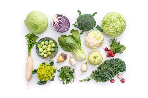 Crucifers vegetables assortment including cabbage, broccoli, cabbage, turnip, kale, romanesco, radish, arugula, kohlrabi and swedes isolated on white leaving copy space