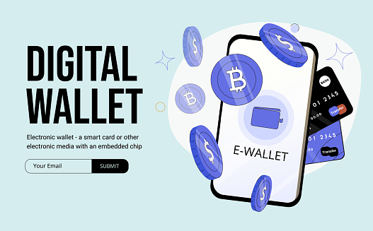 Digital wallet application on mobile. Banner vector. Phone and internet banking. online payment security transaction via smartphone. Smartphone with wallet and money on top. Mobile banking application