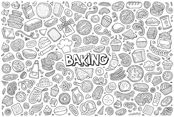 ilustraciones, imágenes clip art, dibujos animados e iconos de stock de conjunto de dibujos animados de artículos temáticos de panadería, objetos y símbolos - baked