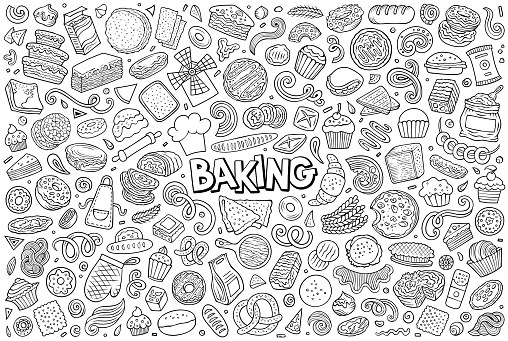 Sketchy vector hand drawn doodle cartoon set of bakery theme items, objects and symbols