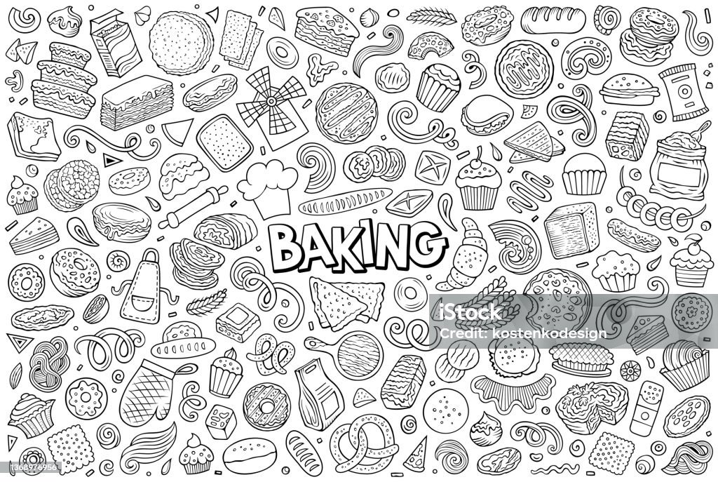 Cartoon set of bakery theme items, objects and symbols Sketchy vector hand drawn doodle cartoon set of bakery theme items, objects and symbols Doodle stock vector