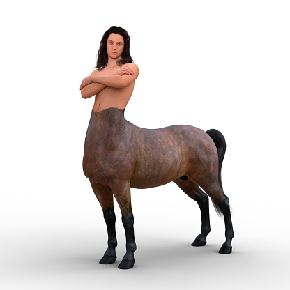 Representación en 3D de una criatura mítica centauro mitad hombre, mitad caballo de pie con los brazos cruzados aislados sobre un fondo blanco. photo