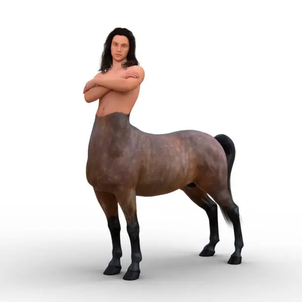 Photo of 3D rendering of a centaur half man, half horse mythical creature standing with arms folded isolated on a white background.