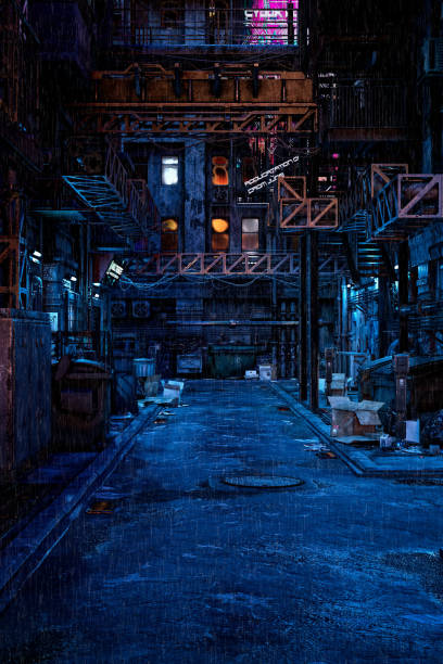 Portrait format 3D rendering of a seedy cyberpunk city backstreet at night in the rain. Portrait format 3D illustration of a seedy cyberpunk city backstreet at night in the rain. seedy alley stock pictures, royalty-free photos & images