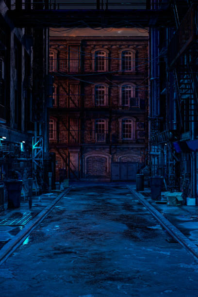 Portrait format 3D rendering of a seedy cyberpunk city backstreet in the evening. Portrait format 3D illustration of a seedy cyberpunk city backstreet in the evening. seedy alley stock pictures, royalty-free photos & images