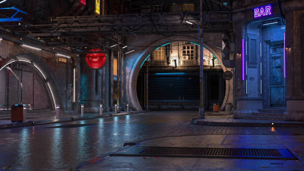 Cyberpunk concept 3D rendering of a dark seedy futuristic city street at night. stock photo