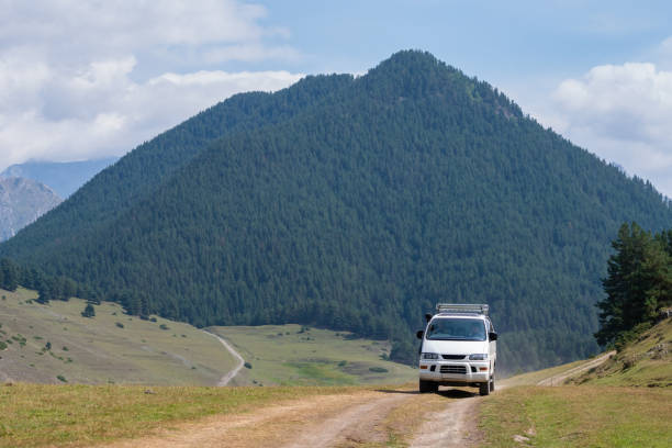 view in mountains. road to shenako village from diklo in tusheti region - tusheti imagens e fotografias de stock