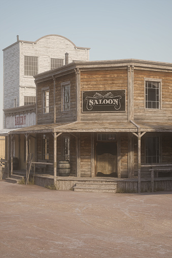 Portrait format 3D illustration of a saloon bar in and old wild west town.