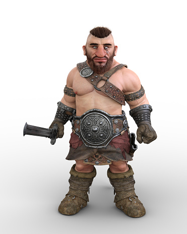 3D illustration of a fantasy Dwarf warrior character standing in barbarian costume with a sword isolated on a white background.