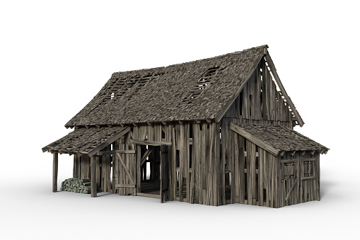 3D rendering of an old abandoned wooden barn with holes in the roof and walls isolated on a white background.