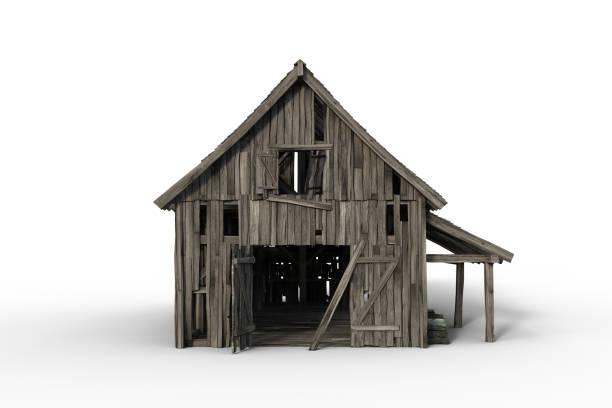 istock 3D illustration of a decrepit old wooden barn viewed through open doors isolated on a white background. 1368980570