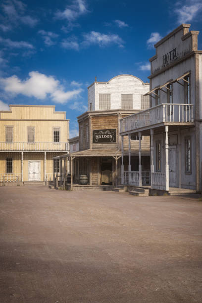 Portrait format photo realistic 3D rendering of a wild west town street with copy space. stock photo