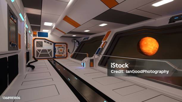 3d Rendering Of A View Of The Red Planet Mars Through The Window Of A Space Ship Stock Photo - Download Image Now